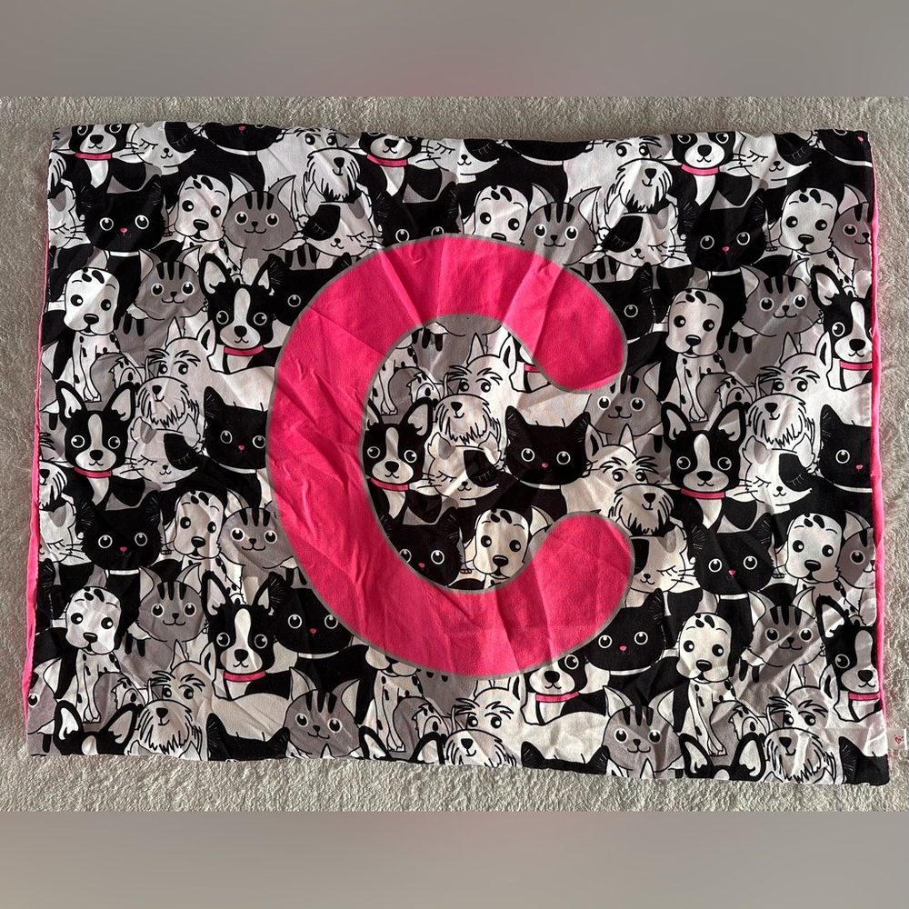 Justice Animals Pets Dogs Cats Black White & Print Pillow Case - Pink Initial C